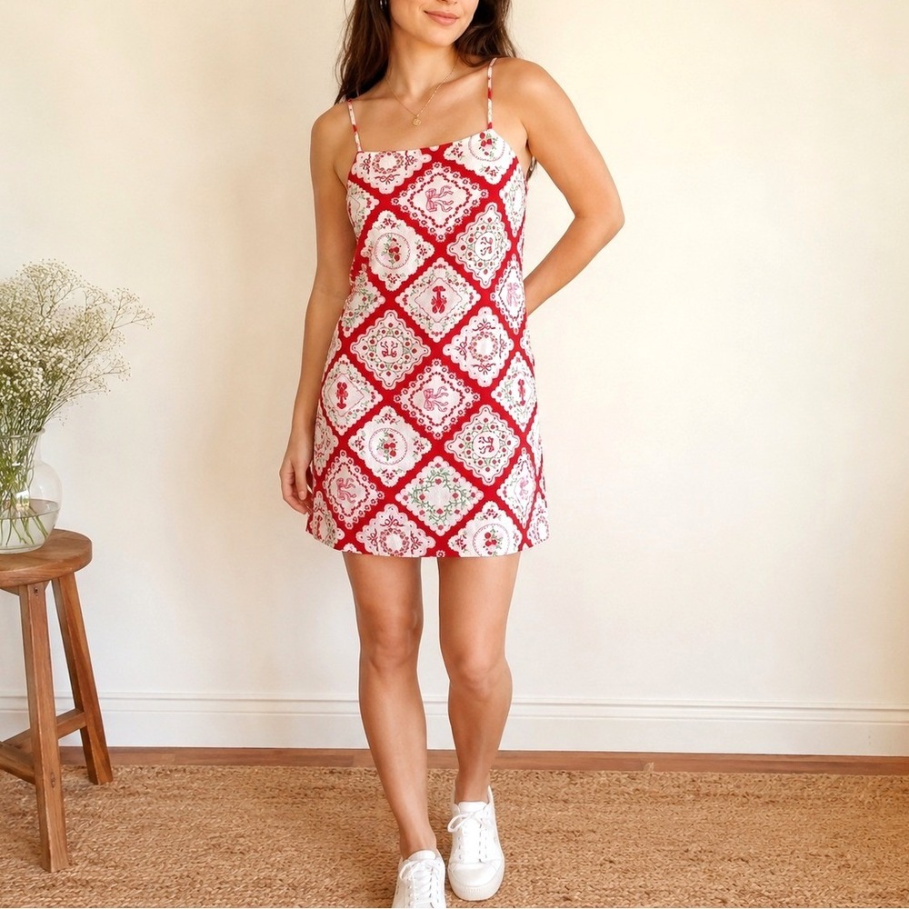 Monteau Los Angeles Red Lobster Print Linen Blend Mini Dress Coquette Coastal S